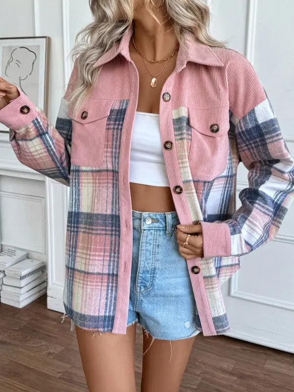 Women's Flat Collared Oversized Loose Fit Blouse Shirt - Long-Sleeve Button-Up Flannel Top with Pink Corduroy Accents, Pockets, Collared Neck, Flap Pocket, Loose-Fitting, Button Front, Casual, Patch Pocket