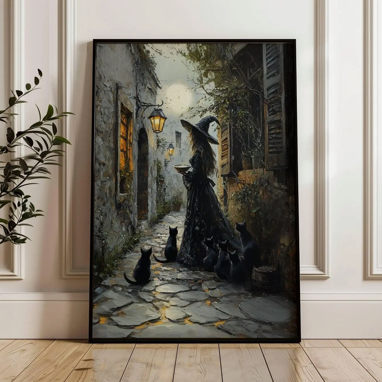 Witch Feeding Cats Poster Black Cat Wall Art Whimsigoth Witchy Decor Print W
