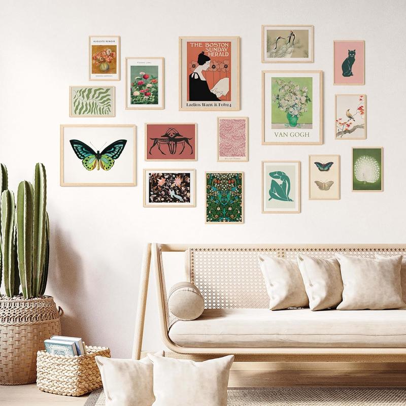 Vintage Eclectic Home Decor - 16 Pcs Boho Gallery Wall Art Prints Set, Cute Dorm Posters For Room Aesthetic Pictures, Earthy Boho Wall Decor For Girl Bedroom Apartment Decoration (Unframed)