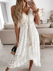 2026 Fashion Women Lace White Long Dress Sleeveless V Neck Flowy Ruffle Dress Summer Bohemian Retro Sexy Beach Holiday Dresses hirigin