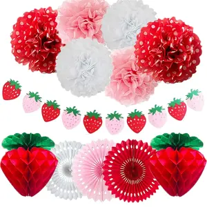 Strawberry Party Decorations, Red Pink White Tissue Pom Poms, Tissue Paper Pom Poms, Fans, Honeycom Balls, Lanterns Garland, Ornaments, Berry Sweet Fruits 1st One Birthday, Bridal Shower Décor Supplies, Strawberry Shortcake Shape Decor, 1st One Birthday