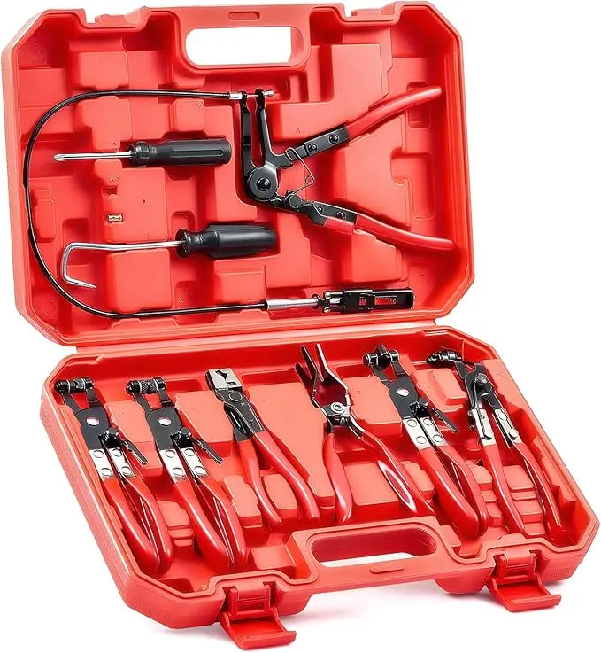 9PCS Hose Clamp Pliers,Automotive Pliers Kit,Long Reach Hose Clamp Tool Remover for Water Hose and Automotive Coolant Radiator Heater with Flexible Wire Long Reach Hose Clamp and Flat Band Pliers