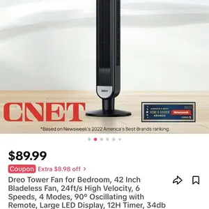 Product Review of Dreo Tower Fan for Bedroom, 42 Inch Bladeless Fan, 24ft/s High Velocity, 6 Speeds, 4 Modes, 90° Oscillating with Remote, Large LED Display, 12H Timer, 34db Quiet Floor Fans for Home Living Room Office appliances device from M**z