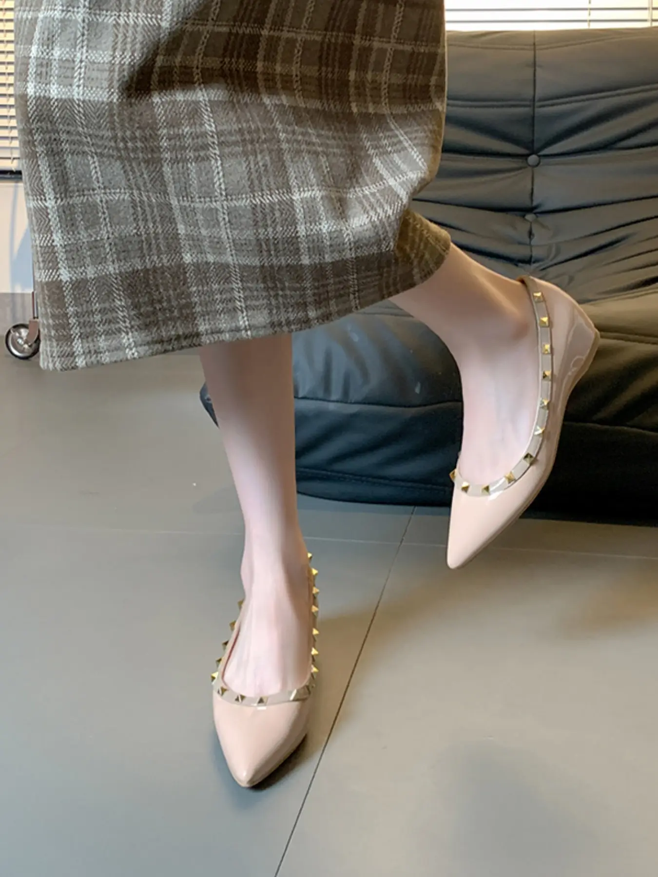 Elegant Pointed Toe High Heels, 5cm Elevator Shoes with Rivet Design, Slip-On French Style, Perfect for Parties & Daily Wear