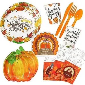 Disposable Thanksgiving Plate And Napkin Set - Pack of 72 - Fall Dinner Party Decorations - Thankful, Grateful Party Supplies - Cups, Cutlery Holder, Napkins Parties Pack - Pumpkins Turkey, Leaves
