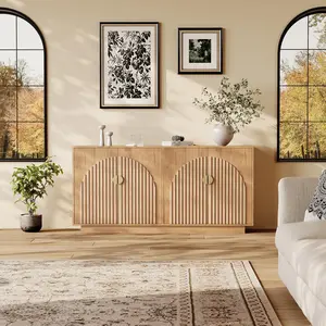 Modern Fluted Sideboard Buffet Cabinet with Storage 63'' Large Coffee Bar Wine Bar Console Table Credenza Buffet Table Storage Cabinet with Artistic Handle for Dining Room Living Room Kitchen