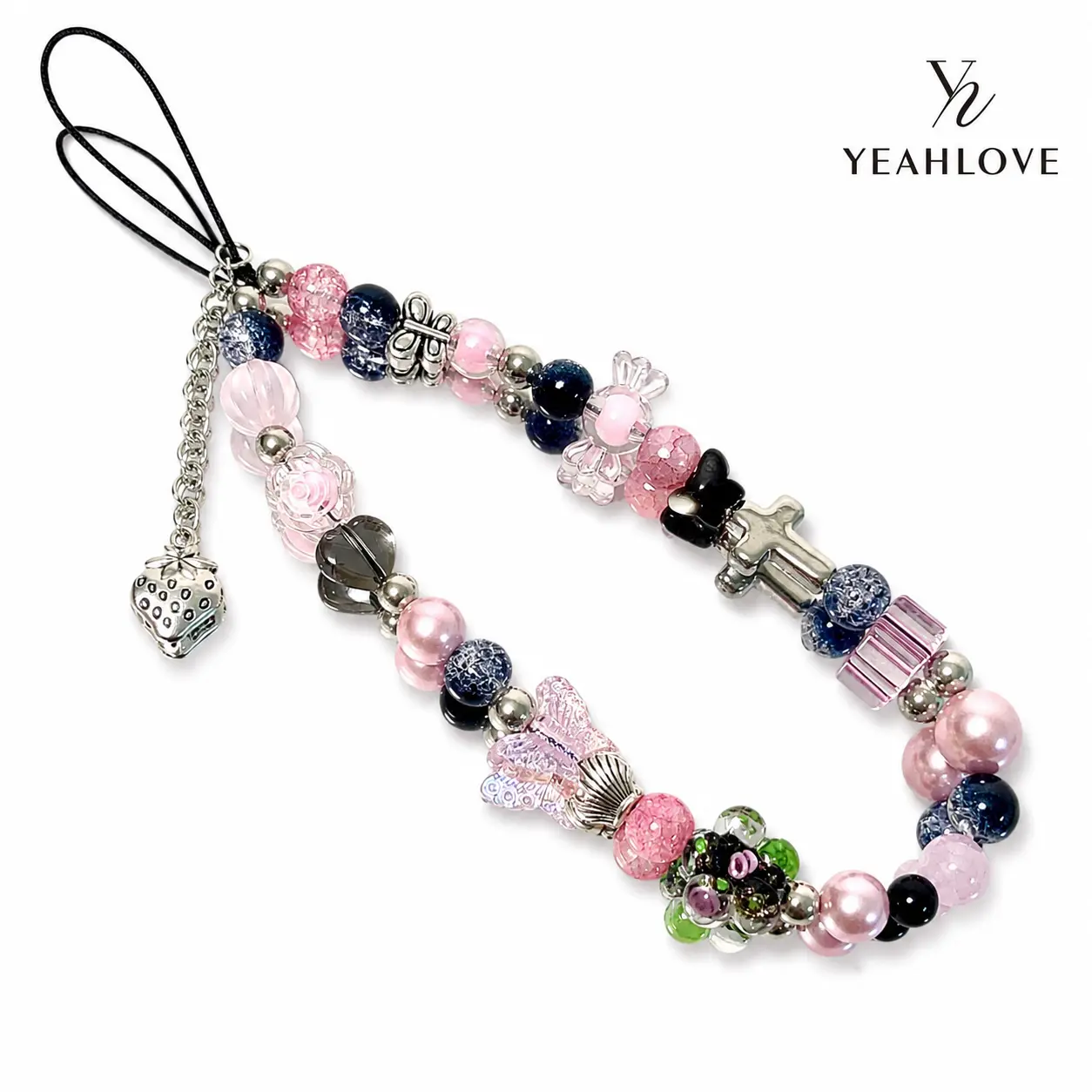 YEAHLOVE Sweet Punk Beaded Phone Charm Strap, Pink Black Pearl Phone Wrist Strap with Heart Star Flower Charms, Cute Y2K Phone Case Charm for iPhone, Bag, Keys, Camera