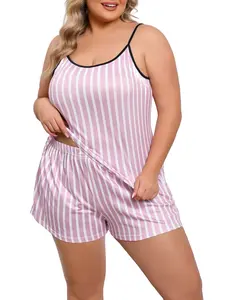 Plus Size Striped Printed Color Block Knit Spaghetti Strap Tank Top and Shorts Pajama Set, Comfortable Sleepwear Loungewear for Curvy Women, Casual Stylish and Loose Fit for All Night Wear Pjs Womenswear