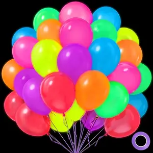 100 Pcs UV Neon Balloons, 12" Fluorescent Latex Balloons, Glow in the Dark Party Supplies for Neon Birthday Party, Let's Glow Rave Party Decorations