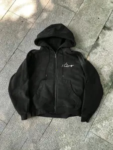 Black Zip-Up Hoodie, Loose Fit Hooded, "King" Signature Graphic Print Long Sleeve Streetwear Y2K Aesthetic Minimalist Casual Daily Wear Soft Comfy Fabric Retro Vintage Trendy TikTok Viral Style Loose Fit Autumn Winter Urban Fashion Simple Top Sweatshirts
