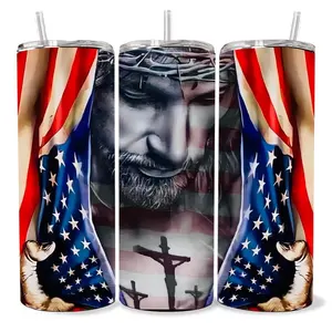 Jesus Usa 20 oz Tumbler - BPA Free, Stainless Steel, Leak Proof, Clear Lid, Includes Straw