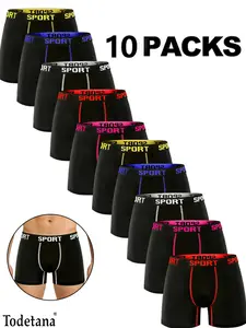 10 Packs Men's Stretchy Boxer Briefs – Casual Slim Fit, Breathable, Moisture-Absorbing Underwear for Daily Wear, All Seasons, Athleisure Menswear, Solid Color/Letter Tape – Ideal Christmas Gift