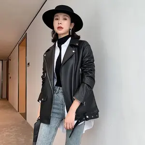Women's Autumn Korean Mid-length Loose Locomotive Zipper Leather Jacket