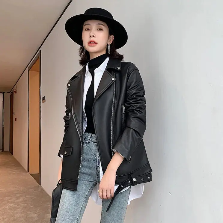 Women's Autumn Korean Mid-length Loose Locomotive Zipper Leather Jacket