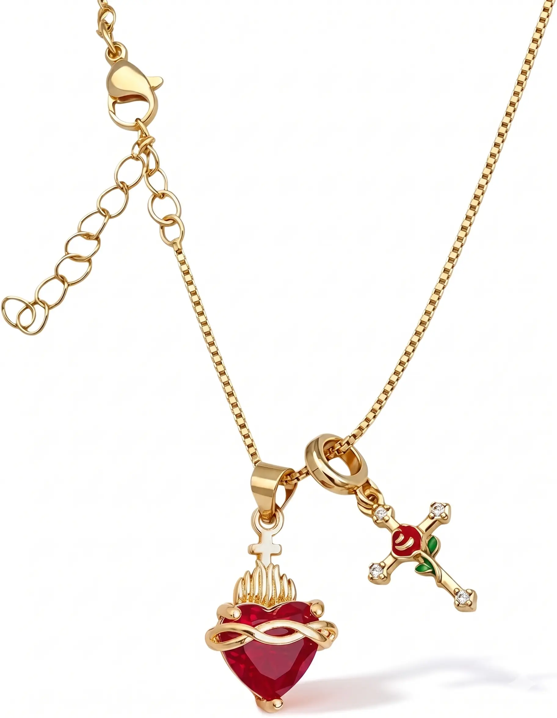 Women's Y2K Sacred Heart Cross Pendant Necklace - Ruby Red Vintage Coquette Grunge Gothic Rose Choker, Costume Jewelry Gift for Her