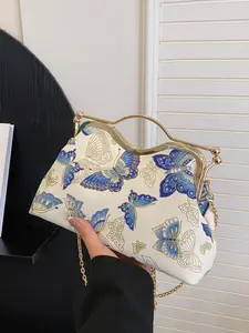 Women's Fashion Butterfly Print Handbag, Casual Commuting Handbag, Casual Versatile Shoulder Bag with Detachable Chain Strap, Trendy All-match Crossbody Bag for Daily Use, Handheld Bag Purse