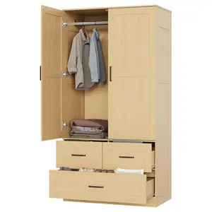 Garvee Wooden Armoire Wardrobe Closet with 3 Drawers and 2 Doors, Freestanding Cabinet Featuring a Hanging Rod, Ideal for Bedroom Storage and Organization