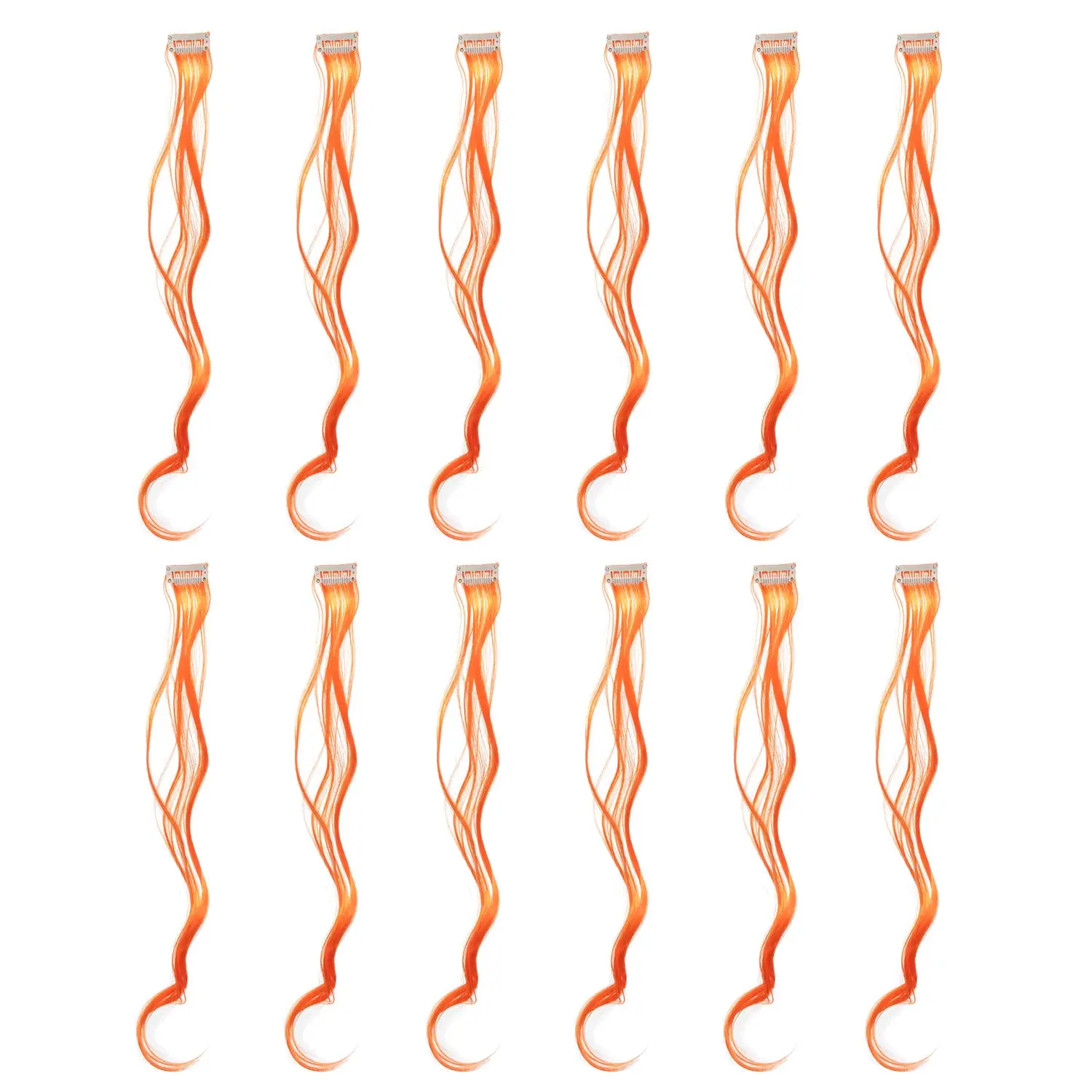 12 Pcs Curly Wavy One Color Party Highlights Clip on in Hair Extensions Colored Hair Streak Synthetic Hairpieces (Orange)