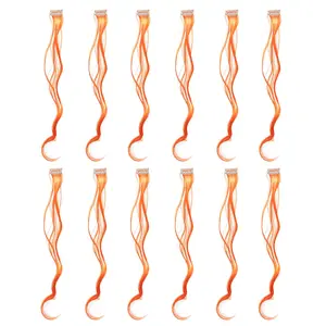 12 Pcs Curly Wavy One Color Party Highlights Clip on in Hair Extensions Colored Hair Streak Synthetic Hairpieces (Orange)