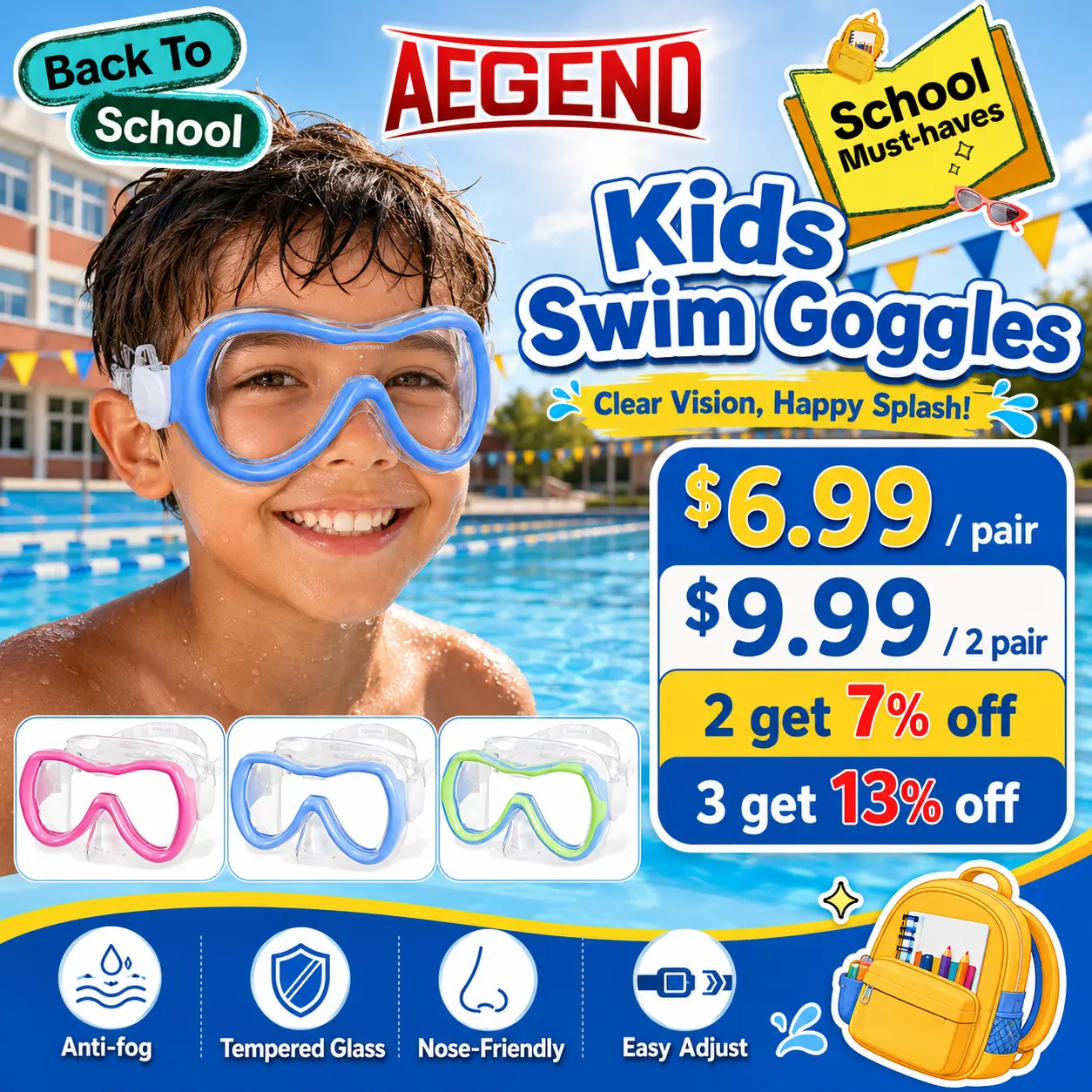 Aegend Kids' Swim Goggles - Adjustable, Polycarbonate Anti-Fog Tempered Lenses, Soft Silicone Seal, Wide View, Nose-Friendly Cover, Impact-Safe & Explosion-Proof Films, 24-Month Durability, Tight-Fitting Back to School Swimming Accessory