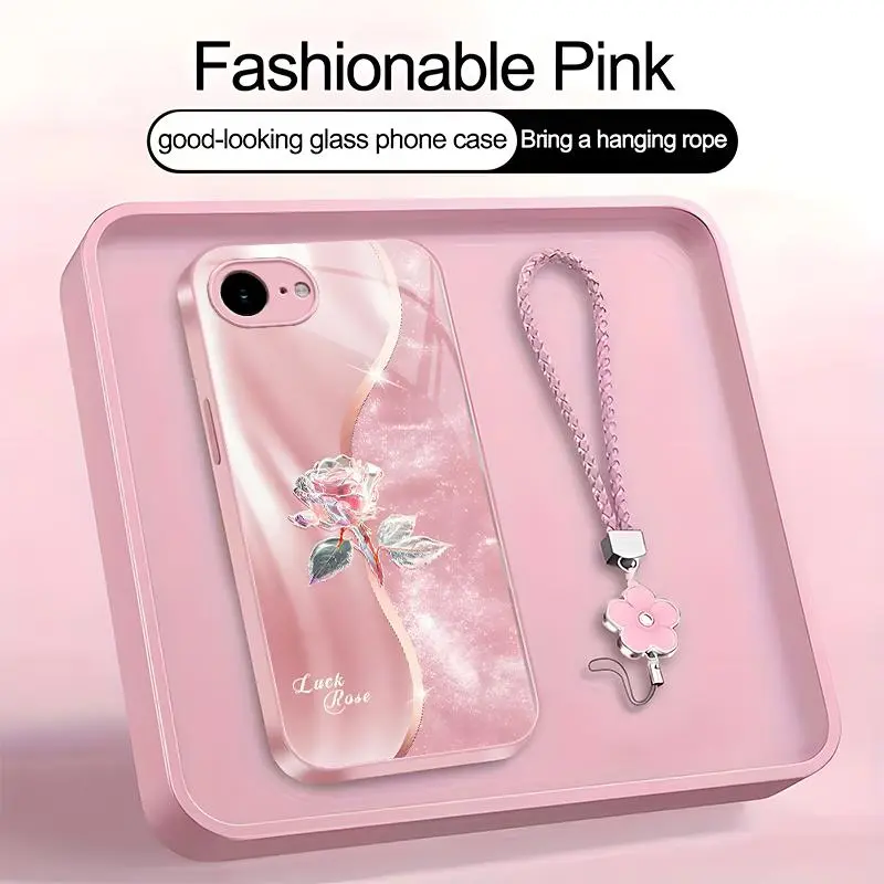 Suitable for [iPhone 16e] high-end women's phone case🤩，a beautiful four-leaf clover lanyard is included🍀,high-quality crystal rose pattern with a sophisticated look, available in a variety of color YM99