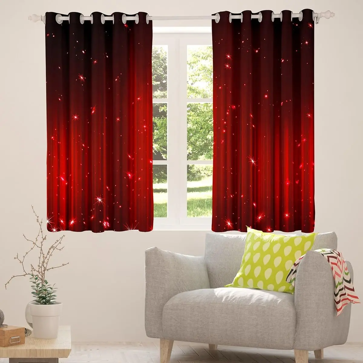 Abstract Ombre Blackout Curtains Red and Black Curtains for Bedroom Living Room Decor,Glitter Striped Window Treatments Drapes 2 Panels
