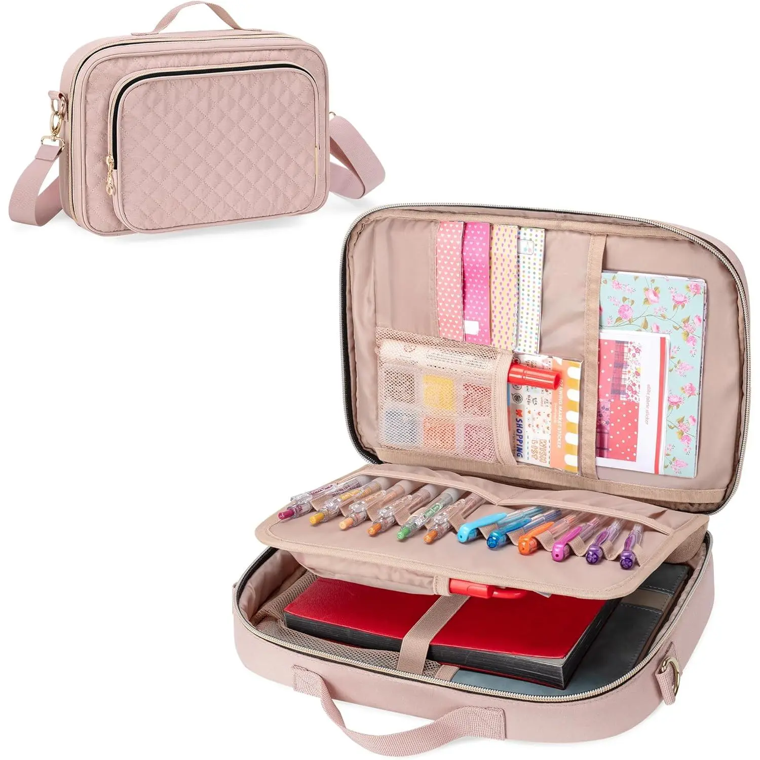 Journal Supplies Storage Case, Journal Supplies Holder with Detachable Pen Slots, Travel Organizer Holder for B5 Notebooks, Planner, Pens, Journal Supplies and Accessories,  Quilted