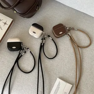 Niche retro contrasting diagonal cross leather pattern | Long and short lanyard | Magnetic drum bag headphone cover | Best friend gift | Suitable for AirPods 1 2 3 4 Pro Pro2 Pro3