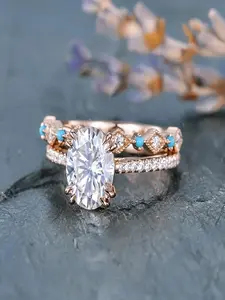 1 Set Charming Natural Turquoise & Rose Gold Engagement Rings for Women, Wedding Rings, Engagement Rings for Couples, Halloween Christmas Gifts