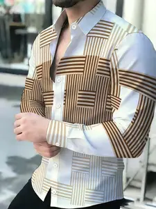 Summer Men's Geometric Striped Long-Sleeve Collared Shirt