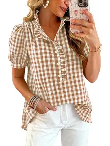 Women's Loose Gingham Blouse, Floral Print Peter Pan Collar Bubble Sleeves, Button Half Open Design, Comfortable Cotton Top