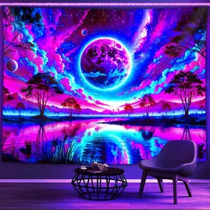 1pc Neon Gradient Art Planet-- Glow In The UV Light Banner Tapestry, Large Size Peach Skin Fluorescent Printing Tapestry, Bedroom Hanging Tapestry For Party Festival, Bedroom Home Decor, Fabric Wall Decoration With Free Accessories