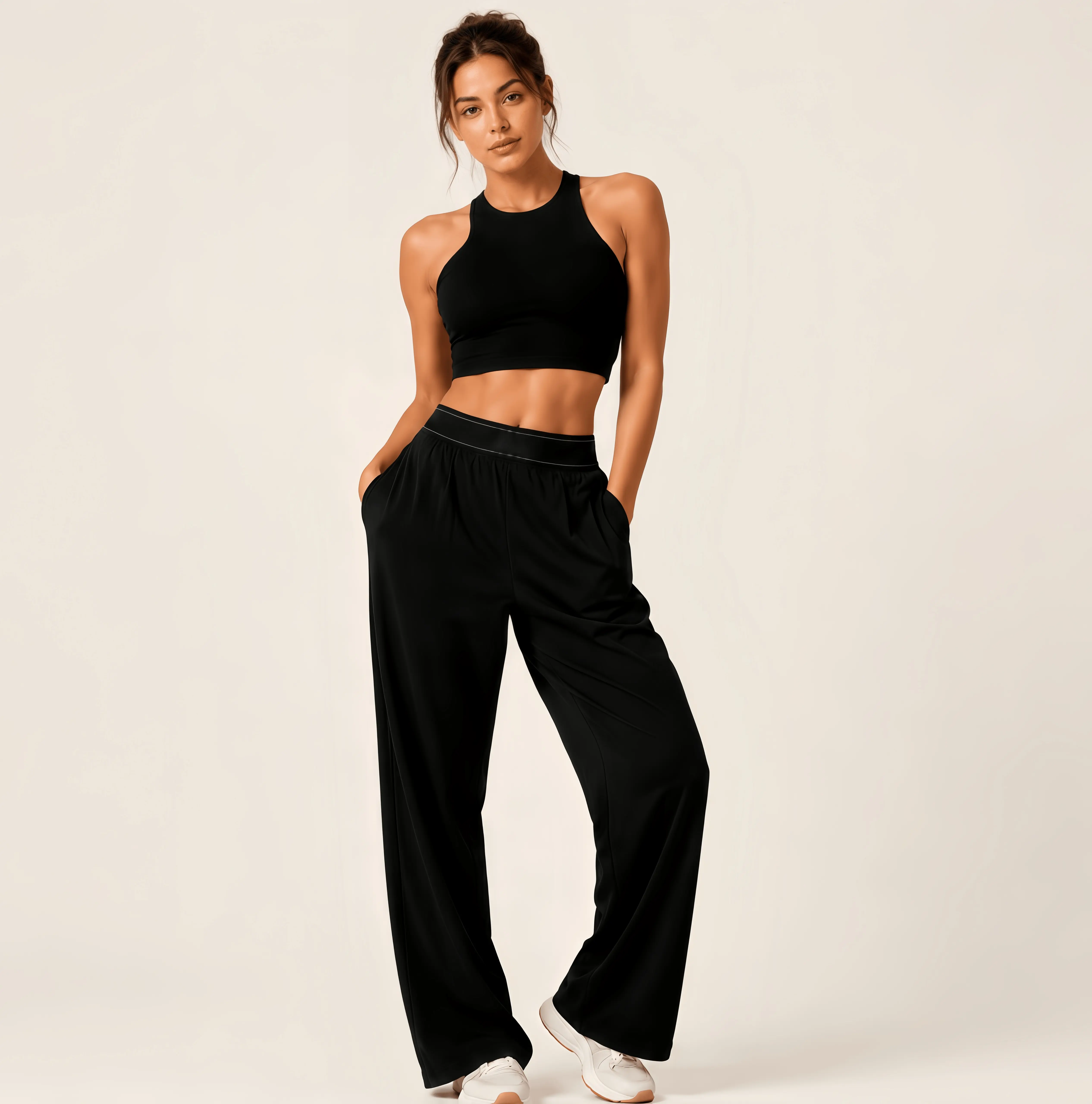 Women's High-Waisted Wide-Leg Casual Pants with Pockets - Lightweight Stretchy Fabric, Comfortable Women's Clothes, Stylish Womenswear Bottoms for Casual Wear, Yoga
