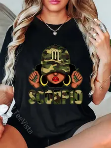 100% Cotton Unisex Scorpio Queen Black Woman With Cap Camo Afro Girl Zodiac T-Shirt Graphic Printed Vintage Casual Tshirt
