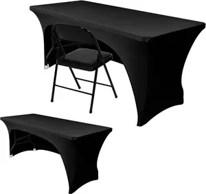 2 Pack Black Table Cloth 6 Foot-Spandex Fitted Tablecloth Rectangle Tables, Open Back Stretch Folding Trade Show Table Covers Fabric Washable & Wrinkle Resistant for Parties, Wedding, Event