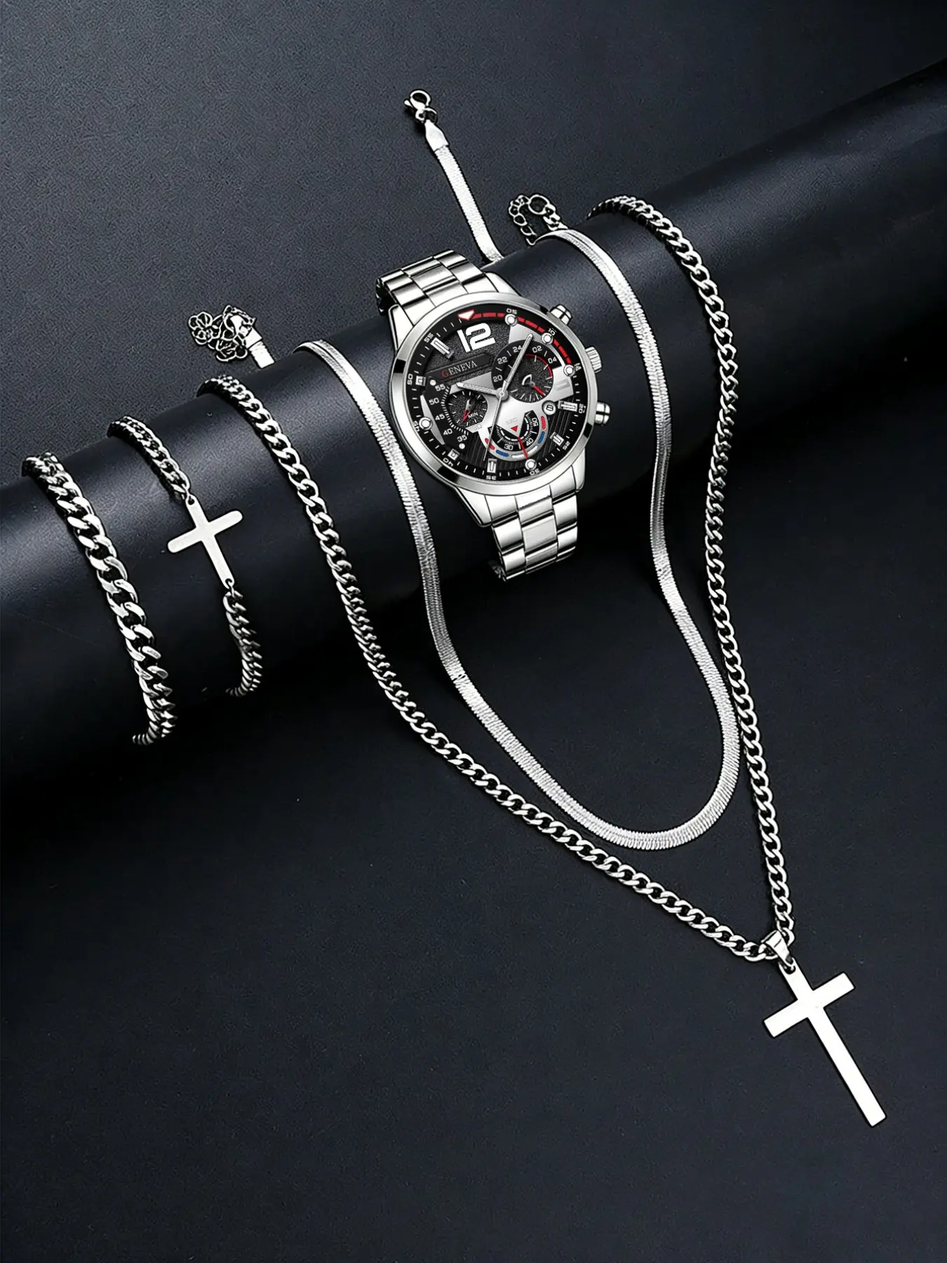 Trendy Men's Watch Set, Stainless Steel Band, Roman Quartz Movement Watch & Trendy Chain Link Bracelet, Birthday Gift Idea, Jewelry Gifts, Daily Wear, Fashion Watch Bracelet
