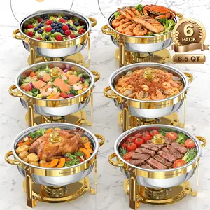 WARMOUNTS 6.5QT Gold Chafing Dishes for Buffet with Glass Lid , Round Chafers and Buffet Warmers Set with Mirror-Polished Stainless Steel, Rolled Rim, Stackable, Lid Holder for Parties, Weddings (2/4/6 Pack）