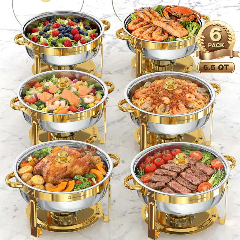 WARMOUNTS 6.5QT Golden Stainless Steel Casserole Bakeware - Mirror Polish, Rolled Rim, Stackable Storage, Glass Lid, Lid Holder, Durable, Dishwasher Safe, 20% More Capacity, 2-Pan Temp Control, 2/4/6 Packs for Family Dinners, Lunch, Food Prep