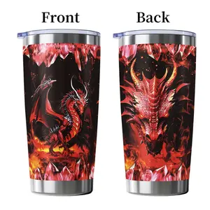 1pc 20oz Rockfire Red Dragon stainless steel insulated cup with flame crystal full printing, portable water cup for car, game style personalized water cup