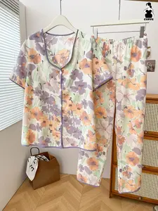 Women's Plus Size Sleepwear Set, Ink Style Floral Print, Stand Collar Short Sleeve Top and Long Pants, Loose Fit, Casual Home Wear