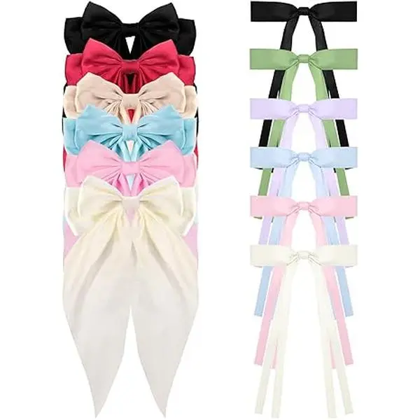 12 Pcs Hair Bows for Women Girls Bow Hair Clips Long Tail Hair Ribbon, 6 Pcs Large Hair Bow & 6 Pcs Small Cute Hair Barrettes Aesthetic Hair Accessories Ponytail Holder Slides Metal Clips