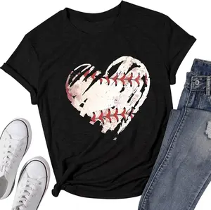[100% Cotton]Women Baseball Shirt Baseball Heart Tee Baseball Mom Tshirt Game Day Short Sleeve Tops