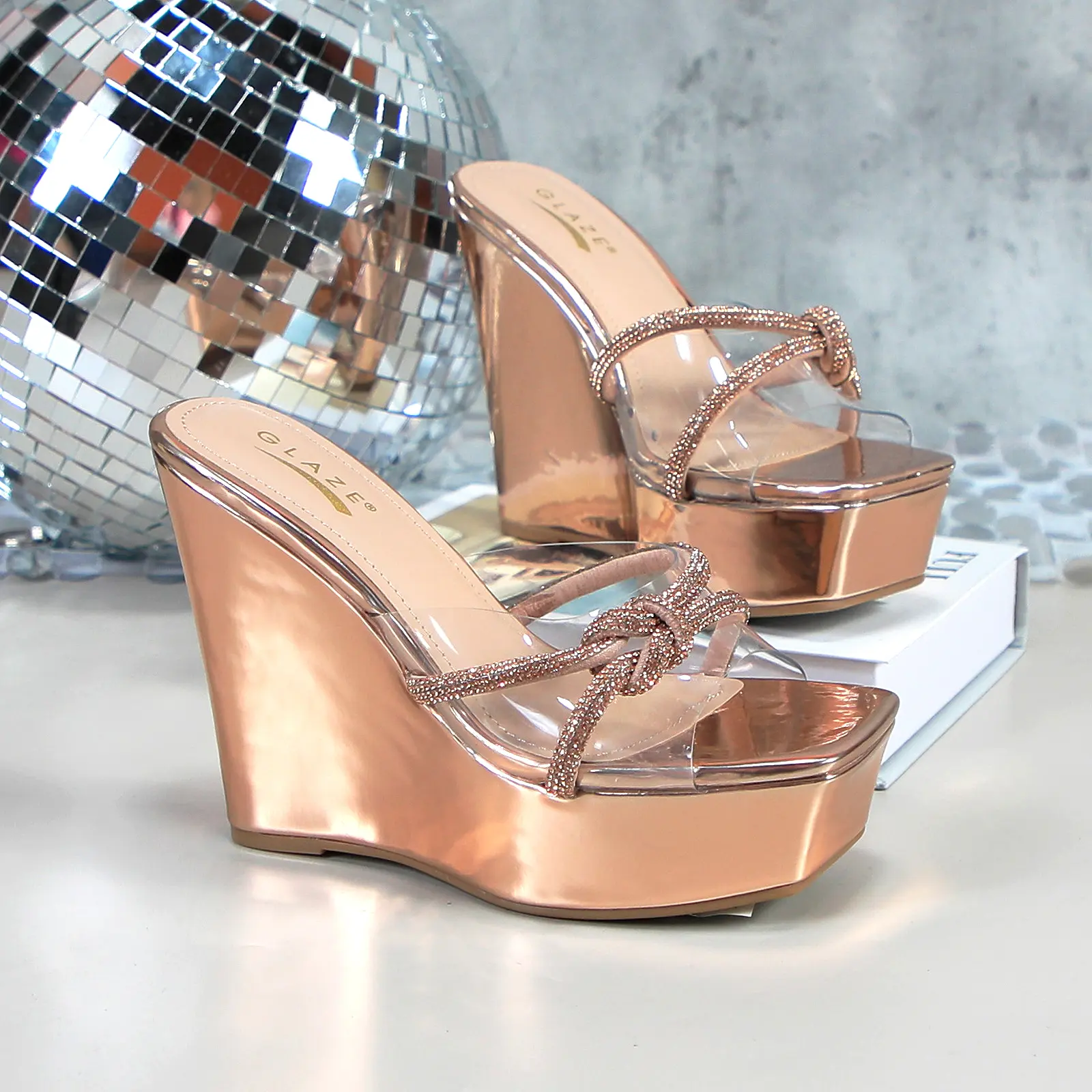 Women's Metallic Platform Wedge Sandals Rhinestone Open Toe Slip-On High Heel Mules for Wedding Party