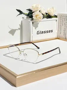 Women's Metal Retro Triangle Cat Eye Half Frame Glasses, Elegant Lightweight Luxury, Versatile Fashion Plain Lens, Stylish and Comfortable, Semi Rimless Glasses