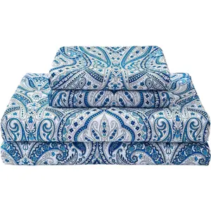 Blue Paisley Printed Queen Size Sheet Set, Blue Floral Sheets Queen, Cozy Microfiber Fitted Sheet with 15" Deep Pocket & Non-Slip Straps, Flower Patterned Sheets & Pillowcase Sets