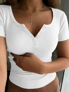 Women's Solid Color Plain Buttons V Neck Tee, Casual Women's Short-Sleeve T-shirt For Summer, Ladies Basic Clothes for Daily Wear, Everyday, TikTok Trending T-shirt Women Top, Womenswear