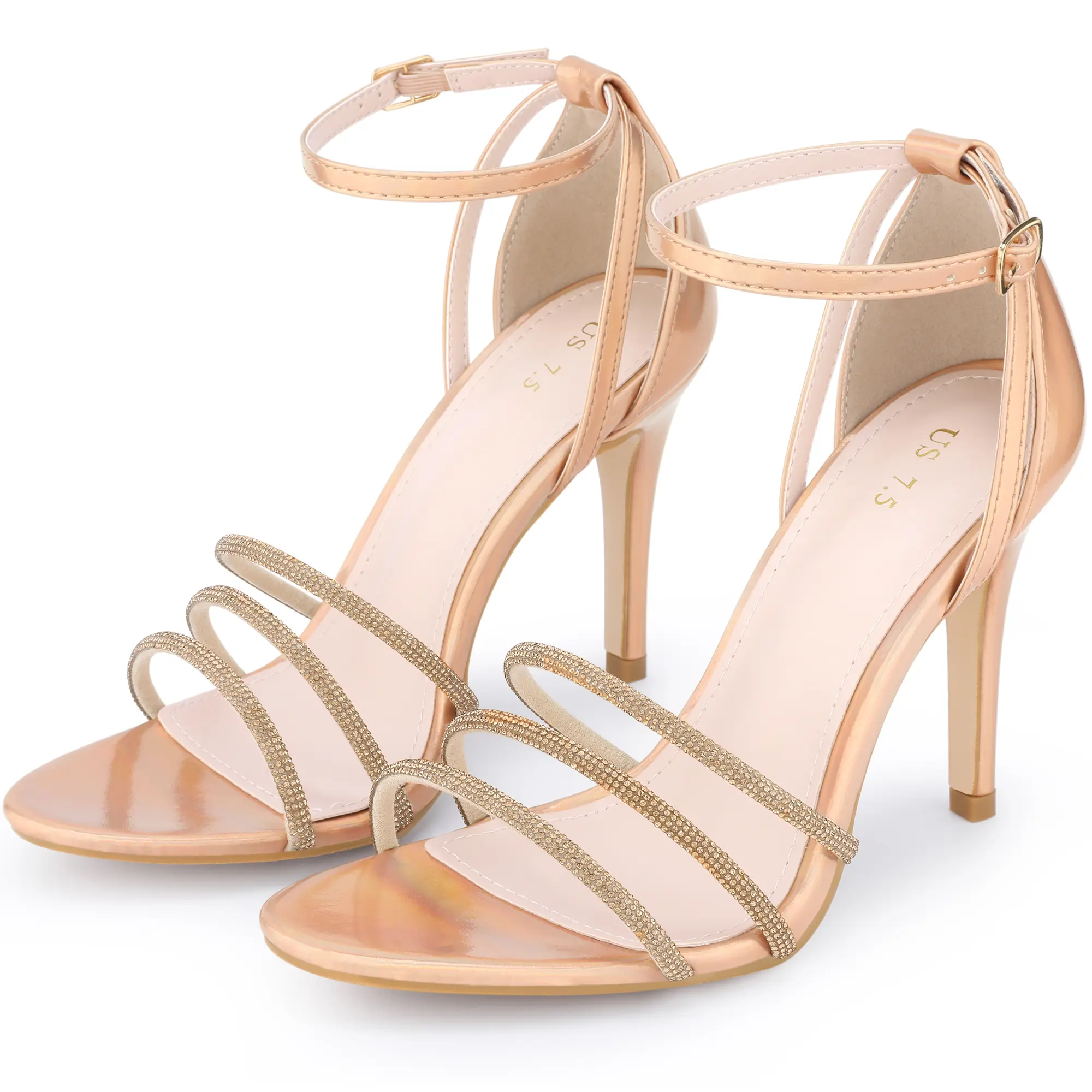 BLISSFUL STEP Rhinestone Ankle Strap Stiletto Heel Sandals for Women