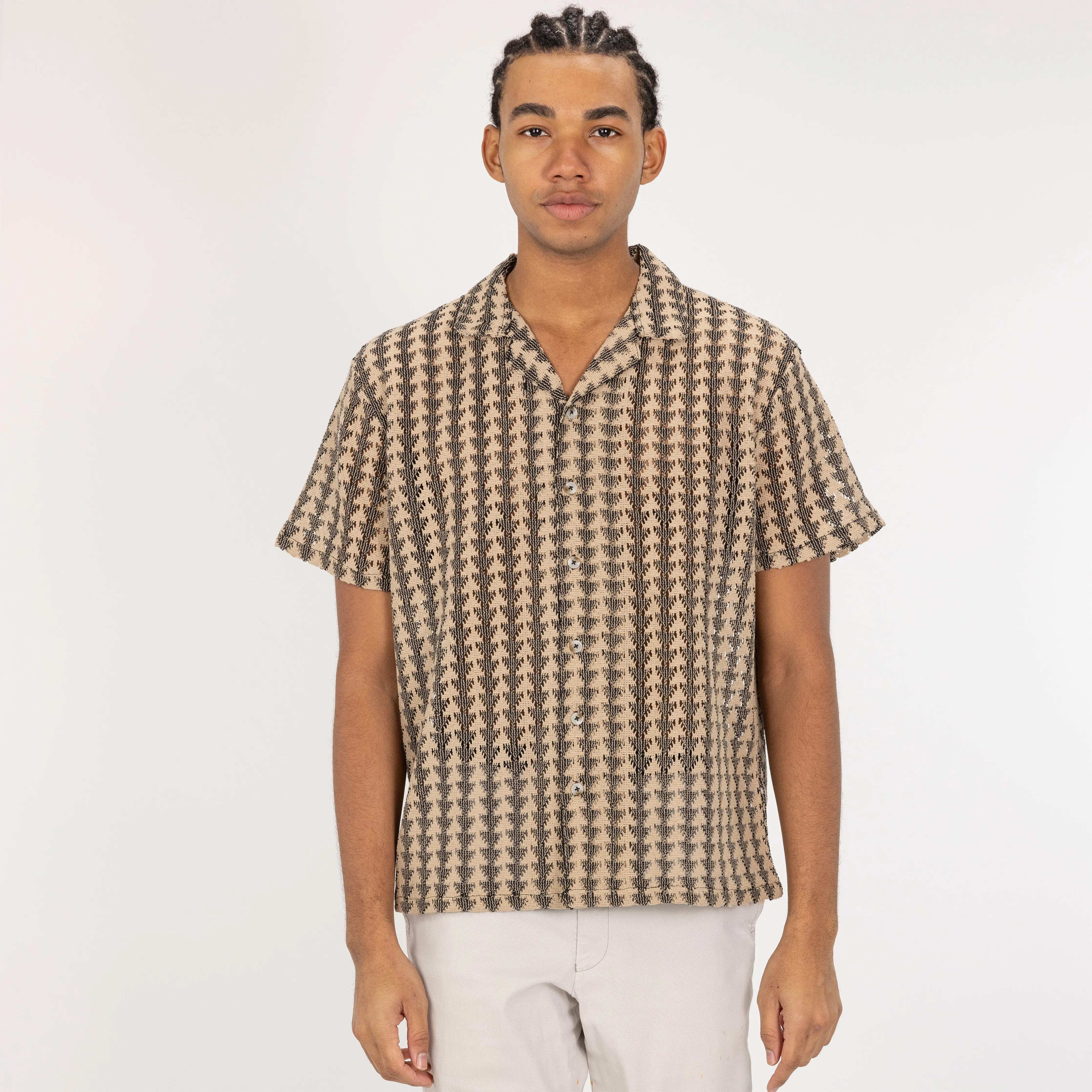 Textured Woven Crochet Camp Shirt  - Starfish / Black Arrow Tessellation
