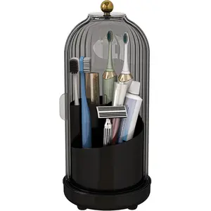 Draining Toothbrush Holder with 180° Rotating Dust Cover, 3 Slots Makeup Brushes Organizer, Multi-purpose Function, Unslip & Drainage, Premium Plastic Material, Compact Design for Bathroom Countertop