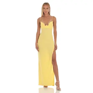 Lucy in the Sky Crepe Rhinestone Corset Maxi Dress in Yellow